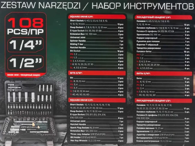 Набор головок и бит 108пр. 1/4'',1/2'' RockFORCE RF-41082-5 Набор головок и бит 108пр. 1/4'',1/2'' RockFORCE RF-41082-5